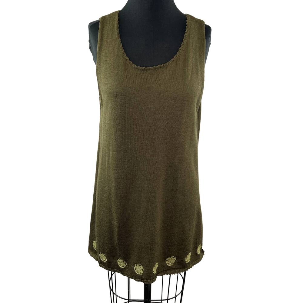 Tera Bora Green Wool Blend Embroidered Hem Scoop Neck Sleeveless Tunic Top 3 L